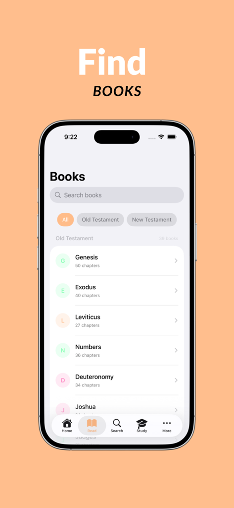 Bible App For Everyone - A mobile screen showing the list of Old Testament books in the Bible App For Everyone including Genesis and Exodus