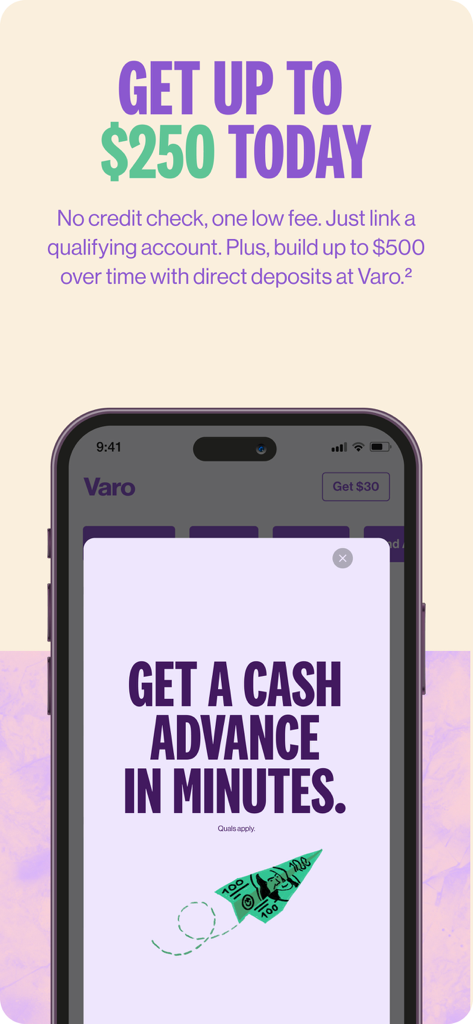 Varo Bank app screen showing an offer for an instant cash advance of up to 250 dollars with no credit check.