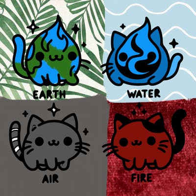 4 cats that represent the different elements, earth, water, air, and fire