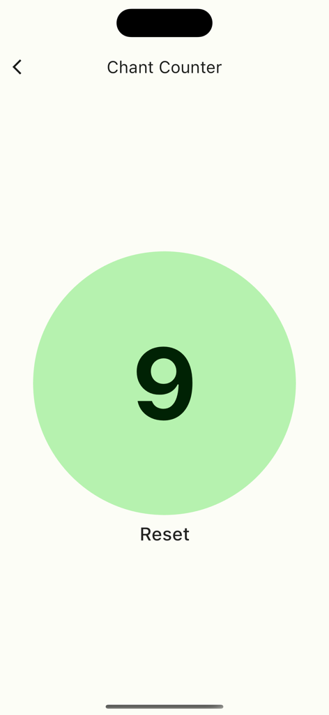 A minimalist digital chant counter showing the number nine within a green circle