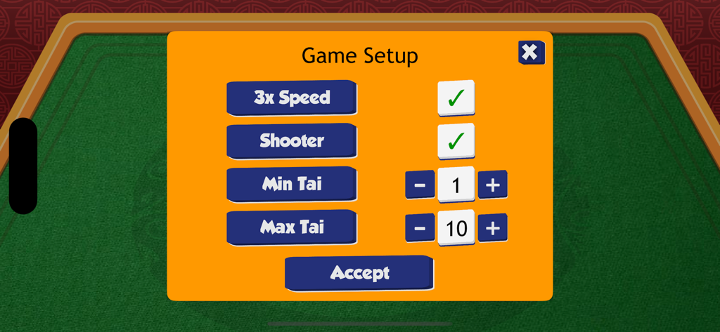 MahjongLeh game setup screen with rule settings for speed and scoring