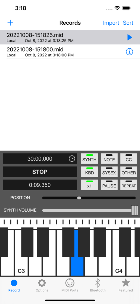 MIDI Recorder app interface with recording list and on-screen piano keyboard