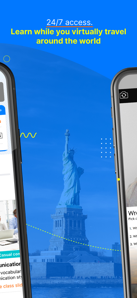Open English app interface showing the Statue of Liberty with text about twenty four seven access to learning