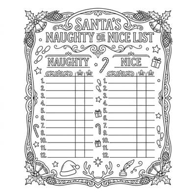 Get ready for Christmas with Santa's very own Naughty or Nice List coloring page! Kids can fill in names and bring this festive holiday scene to life with their favorite colors.