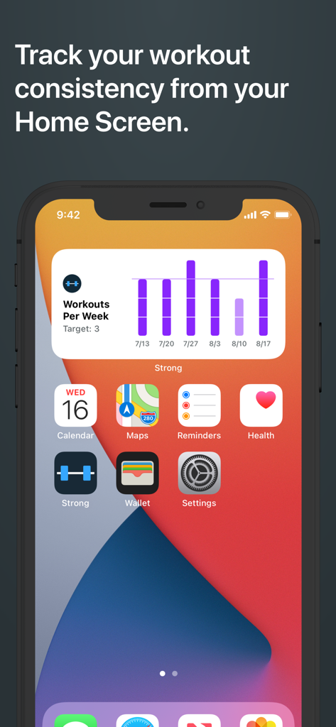 Strong Workout Tracker Gym Log - Widget de consistencia de entrenamiento de la aplicación Strong en la pantalla de inicio de un iPhone que muestra la frecuencia semanal de entrenamiento