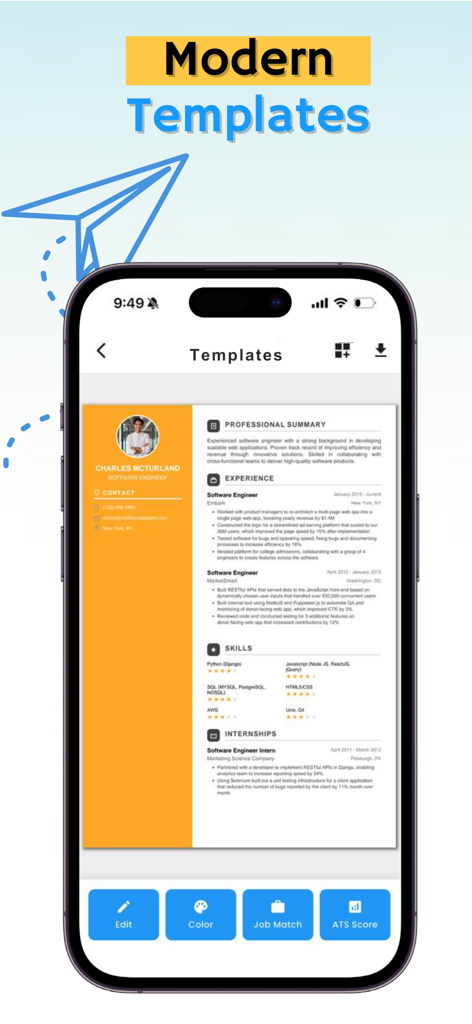 Modern software engineer resume template preview on the ResAI mobile app