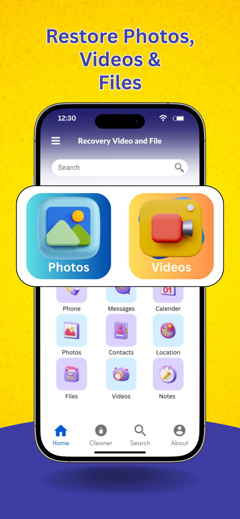 Mobile app interface for Recovery Video and File showing options to restore deleted photos and videos