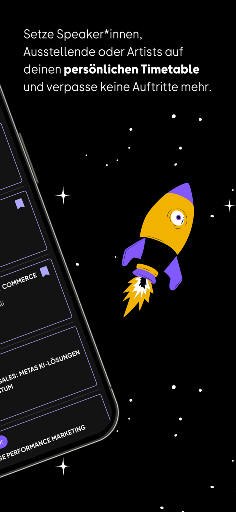 OMR - OMR Festival app screen highlighting the personalized timetable feature with a rocket graphic and starry background