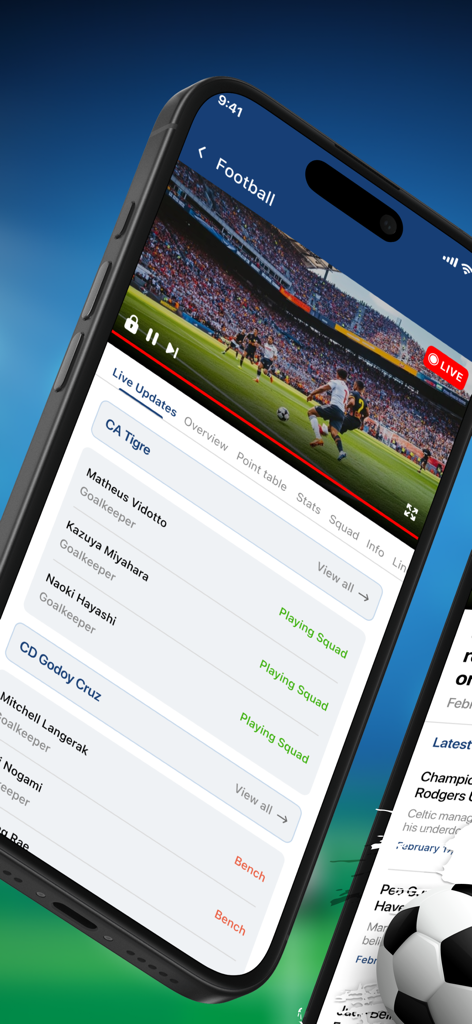 Live Football TV HD Streaming・ - Écran d'application mobile montrant un flux de match de football en direct et les compositions d'équipe