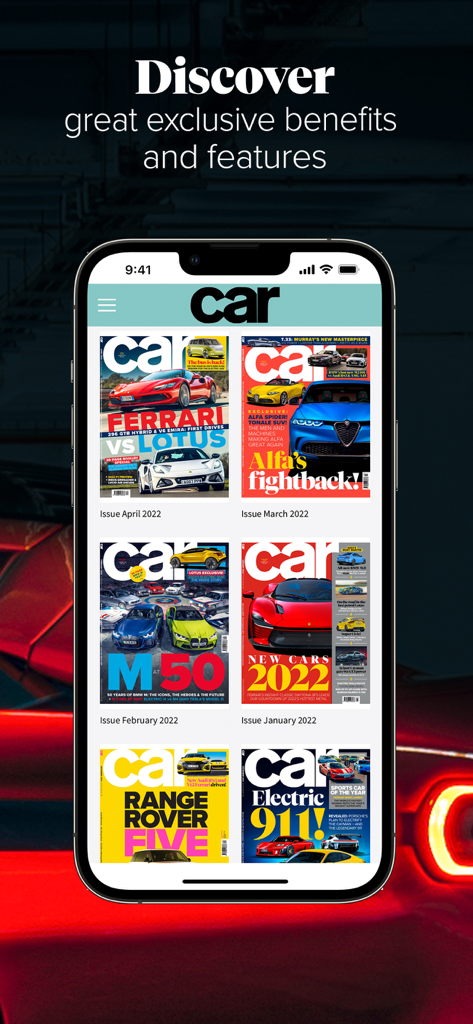 CAR Magazine - News & Reviews - Smartphone screen displaying a digital archive of CAR magazine covers featuring supercars and luxury vehicles.
