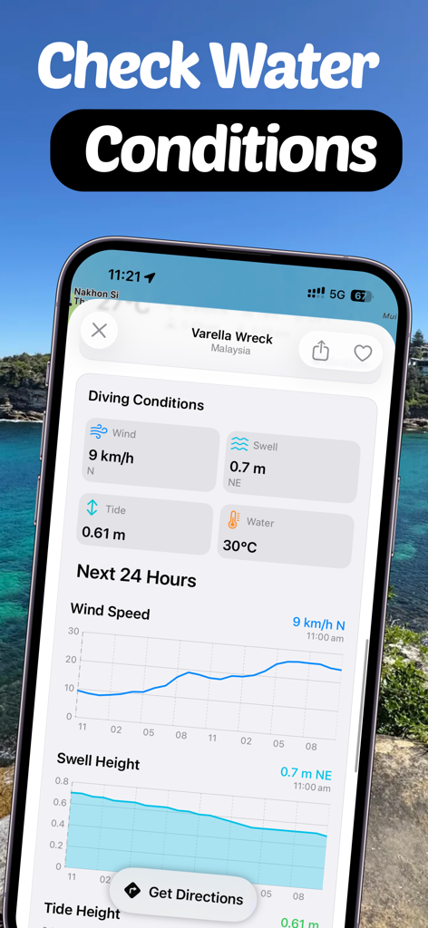 WikiBubbles: Dive & Snorkel - A screenshot of the WikiBubbles app showing live water conditions including wind swell and tide for a dive site