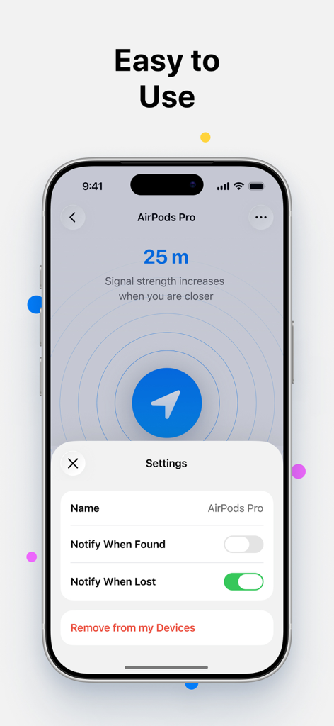 AirFind app screen showing distance tracking for lost AirPods Pro and device notification settings