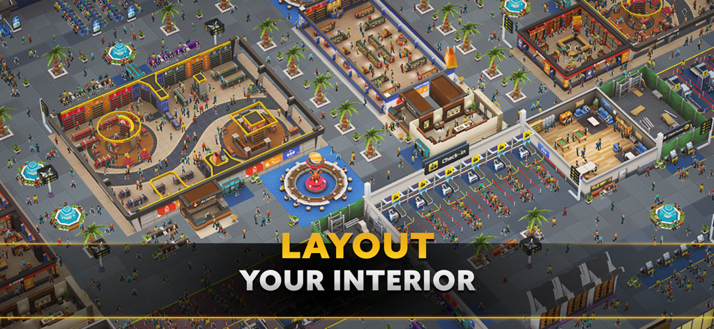 Isometric view of an airport terminal interior with shops and check-in desks in Airport Simulator Plane City.