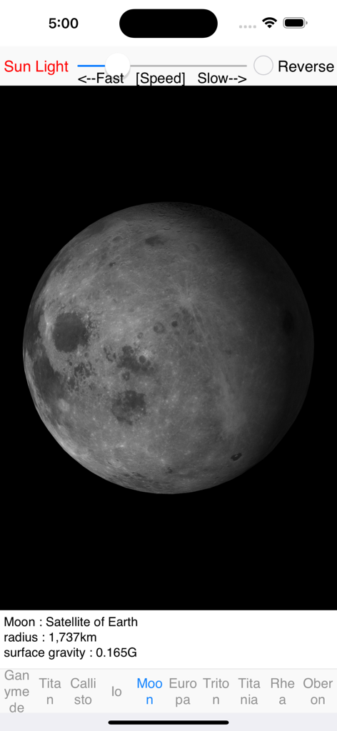 Satellite Rotation - A 3D view of the Moon in the Satellite Rotation app with scientific data and control sliders