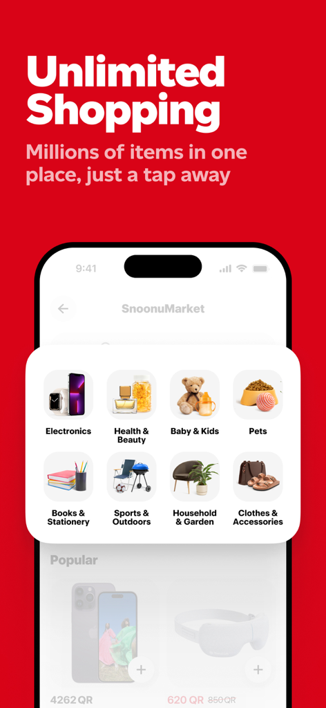 Snoonu mobile app interface displaying diverse shopping categories like electronics, health, and home goods