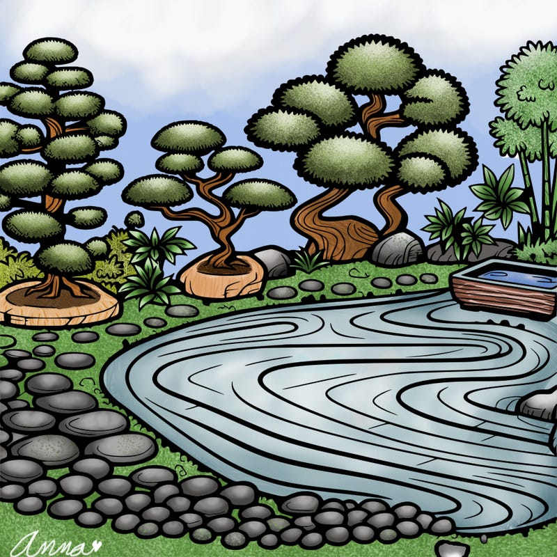 a serene zen garden with raked gravel, bonsai trees, and tranquil ponds