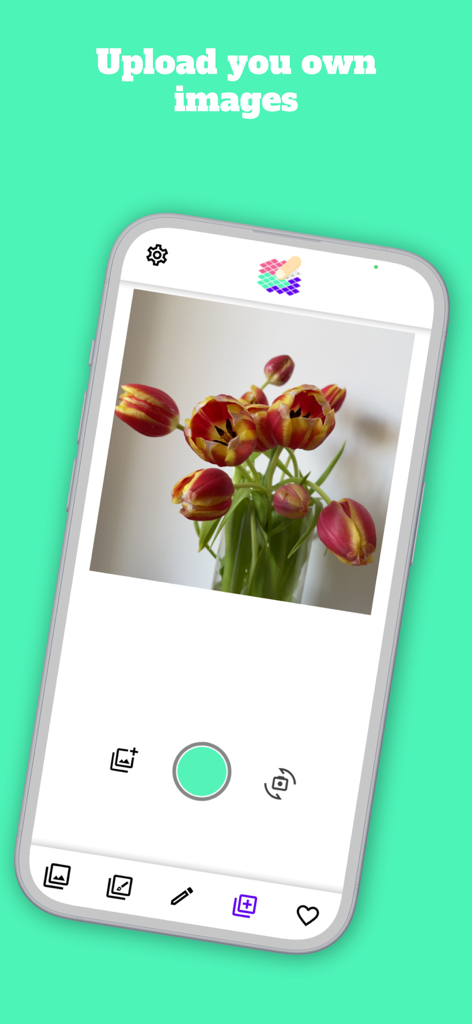 Screenshot der App, der die Funktion zum Hochladen persönlicher Fotos zur Erstellung individueller Pixelkunst zeigt.