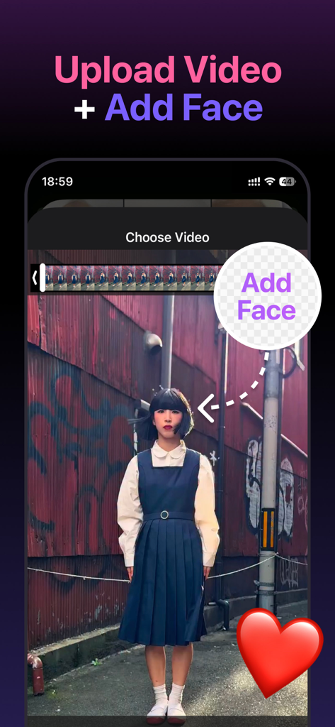 A mobile app interface displaying a video upload screen with an Add Face prompt for AI face swapping.