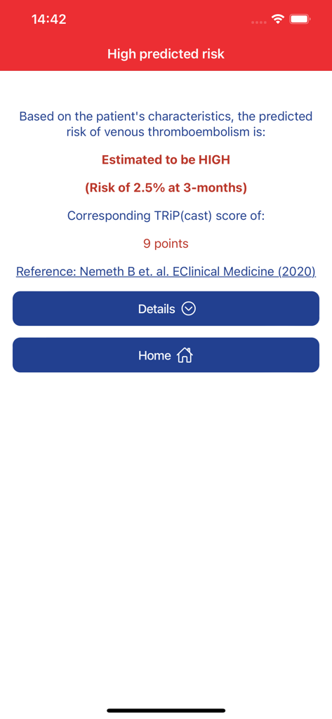 Thrombosis Risk Prediction - TRiP app interface displaying a high predicted risk of venous thromboembolism with a score of 9 points