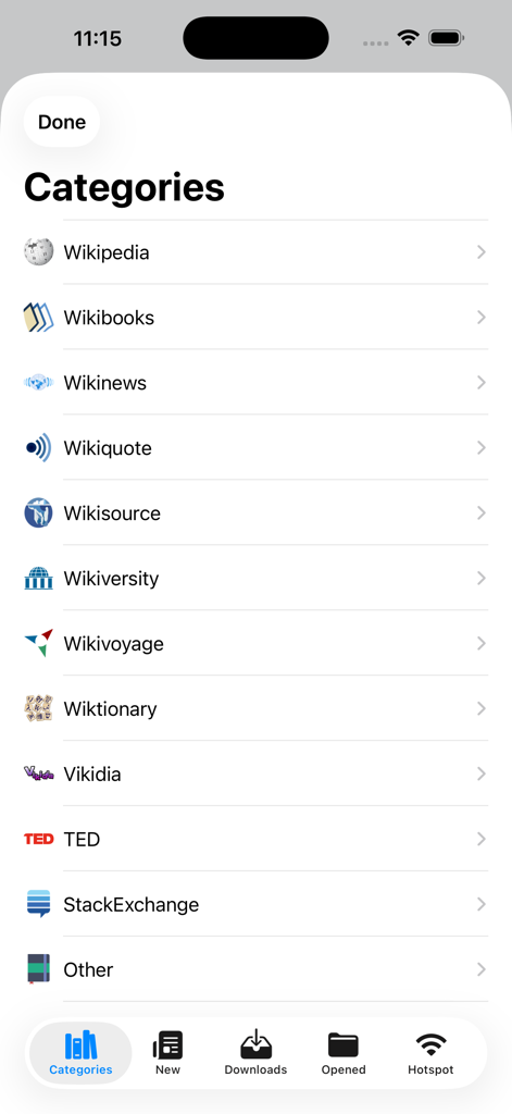 Kiwix app screenshot showing content categories like Wikipedia TED and StackExchange