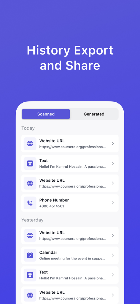 QR Code Pro: scan, generate - Interface do aplicativo móvel mostrando uma lista de códigos QR escaneados, incluindo URLs de sites, textos, números de telefone e eventos de calendário, organizados por data.