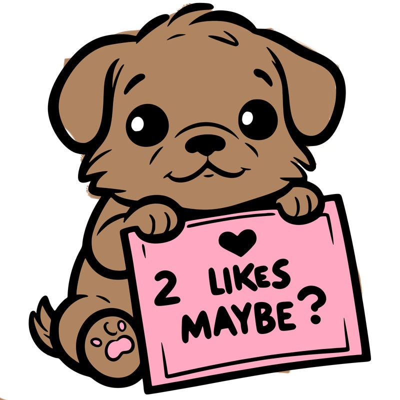 a puppy holding a sign that says 2 likes maybe?