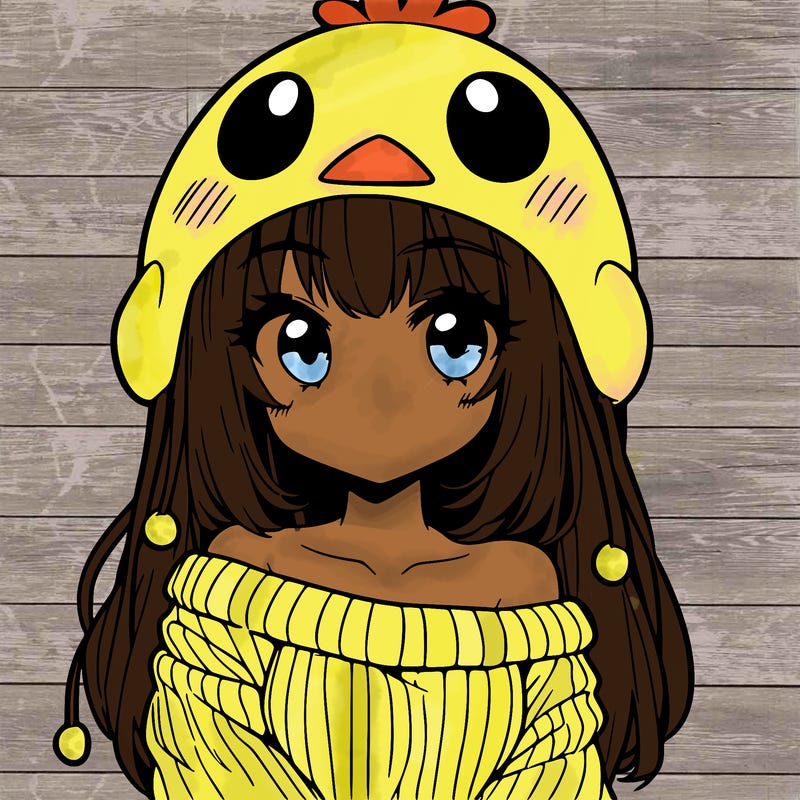 anime girl with chick shaped hat with sweater with bare shoulders with bangs covering them one eye with low tail
