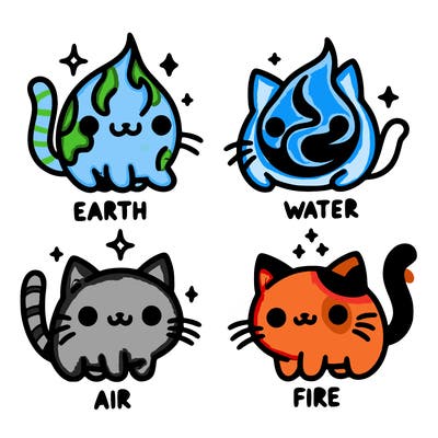 4 cats that represent the different elements, earth, water, air, and fire
