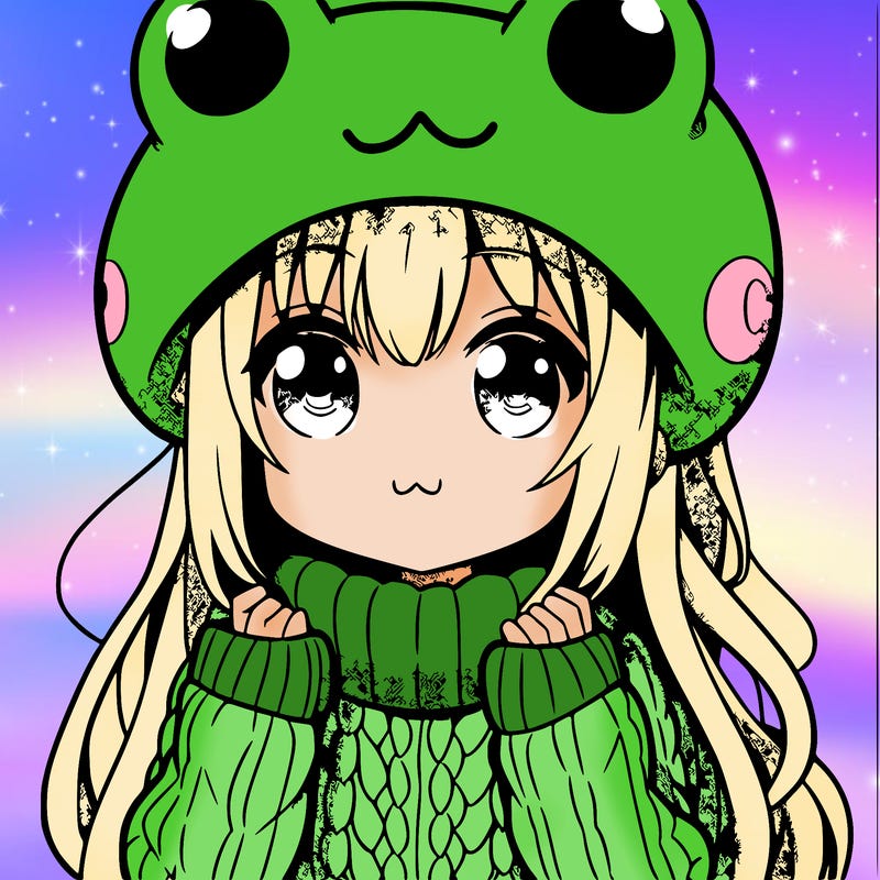 anime girl with a big sweater with a frog hat