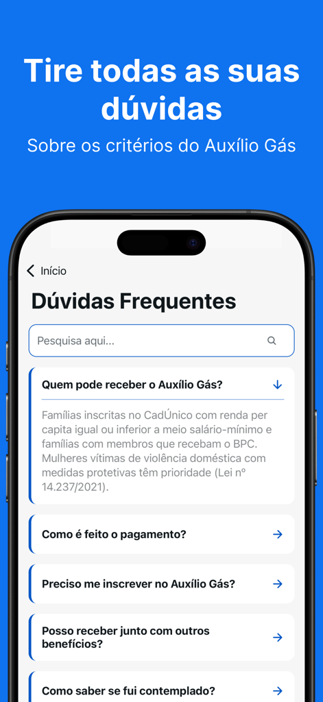 Vale Gás: Receber Auxílio Gás - FAQ section of the Vale Gas mobile app explaining the eligibility criteria for the Brazilian gas benefit
