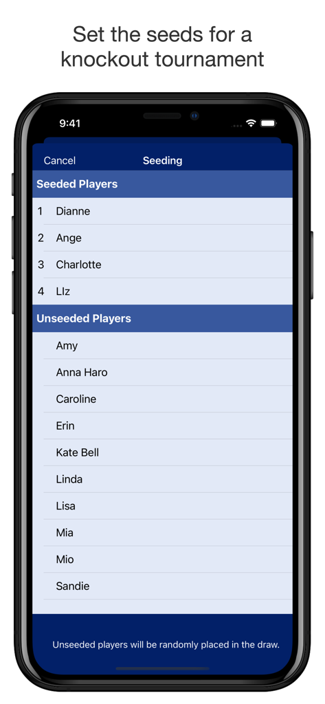 Schermata di seeding del torneo che mostra elenchi di giocatori seedati e non seedati nell'interfaccia dell'app.