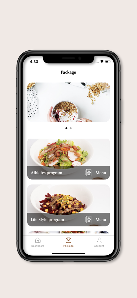 Nutreeze - Nutreeze app screen showing health meal options for Athletes and Life Style programs