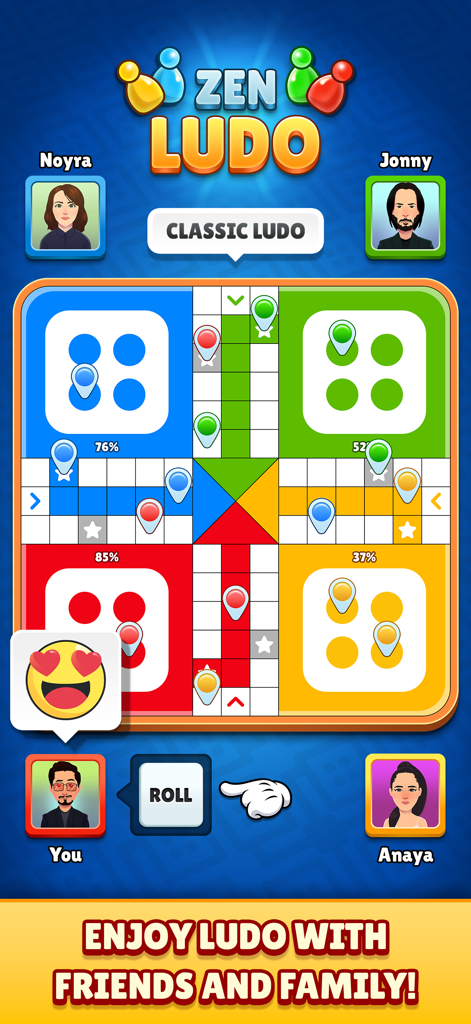 Zen Ludo - Una captura de pantalla de Zen Ludo mostrando un colorido juego de mesa con cuatro avatares de jugador y una indicación para lanzar los dados.