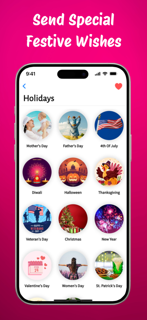 Écran de smartphone montrant des catégories de messages de vacances comme Noël, Thanksgiving et le 4 juillet dans l'application Love Messages