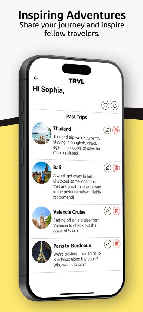 TRVL - Travel & Meet Friends - Mobile interface of the TRVL app showing a list of past trips including destinations like Thailand Bali and Valencia