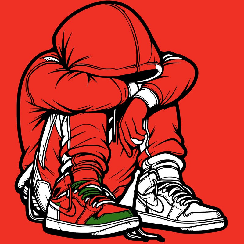 depressed man wearing hoodie and jordan shoes and baggy jeans
