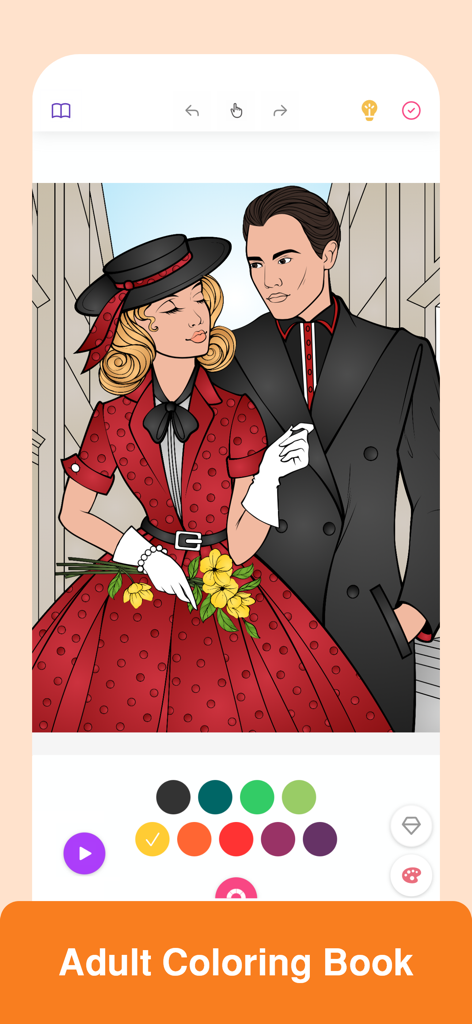 A digital coloring book interface featuring a fashion illustration of a couple and a color palette