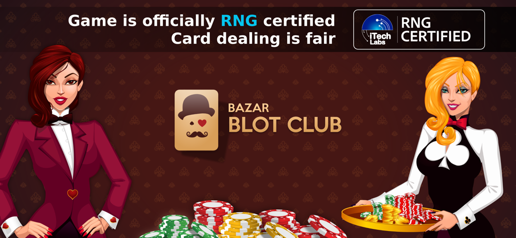 Bazar Blot Club - Bazar Blot Club banner showing RNG certification for fair card dealing with game characters and casino chips.