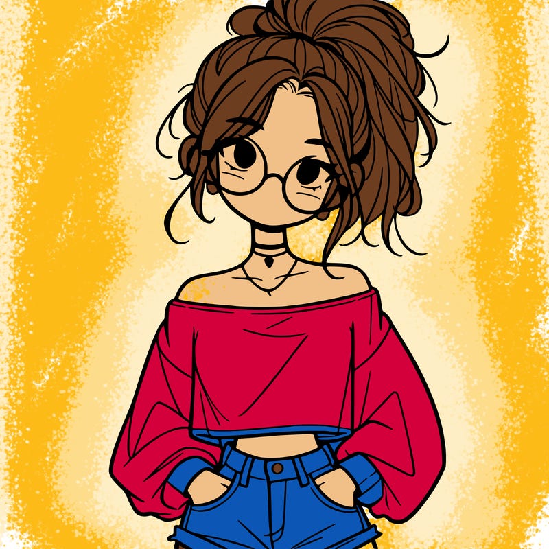 girl with a messy ponytail glasses a baggy crop top and jean shorts