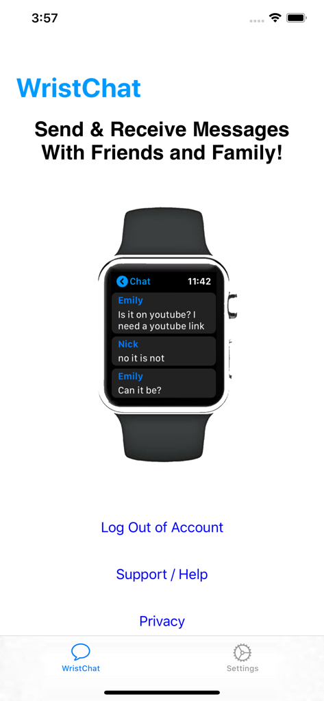 WristChat for Facebook - WristChat app interface on iPhone showing Facebook Messenger chat on an Apple Watch screen