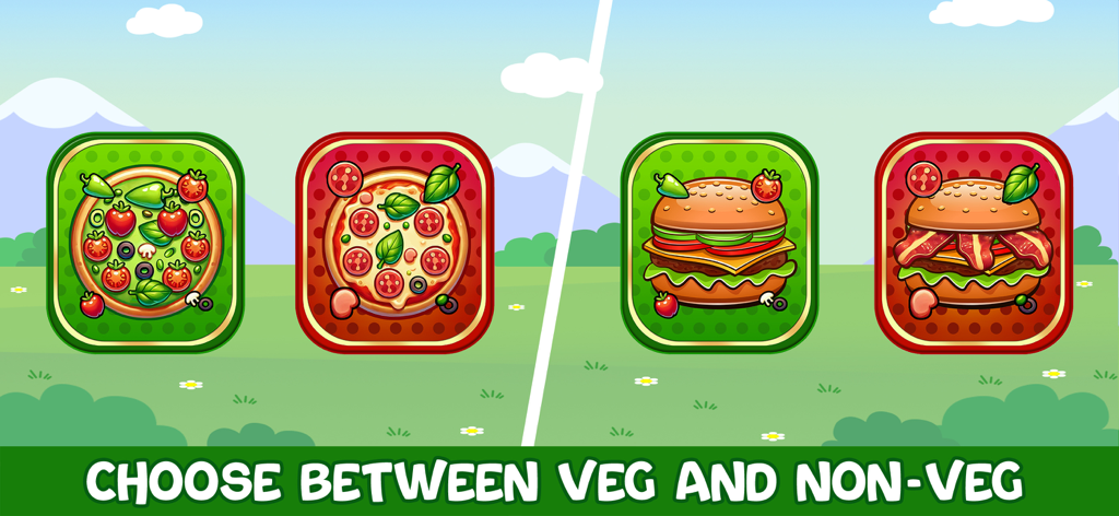 Cooking games for children 2+ - Una pantalla para que los niños elijan entre opciones vegetarianas y no vegetarianas para pizza y hamburguesas