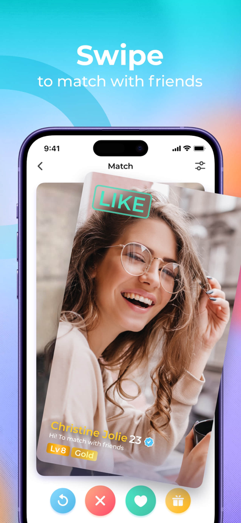 Meete app interface showing a user profile with a swipe to match feature