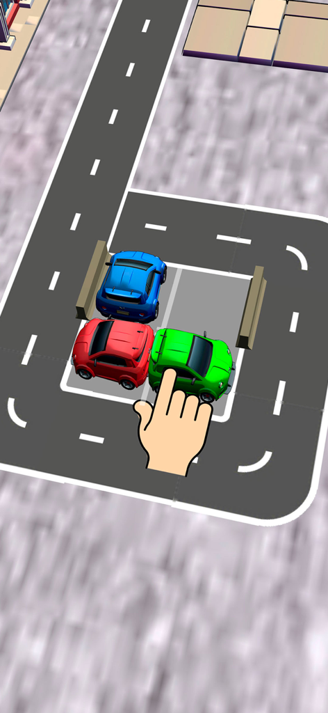 Car Parking games 3D Cars race - Un puzzle de lógica en 3D que muestra coches de colores en un aparcamiento con un icono de mano demostrando el deslizamiento para despejar la mecánica.