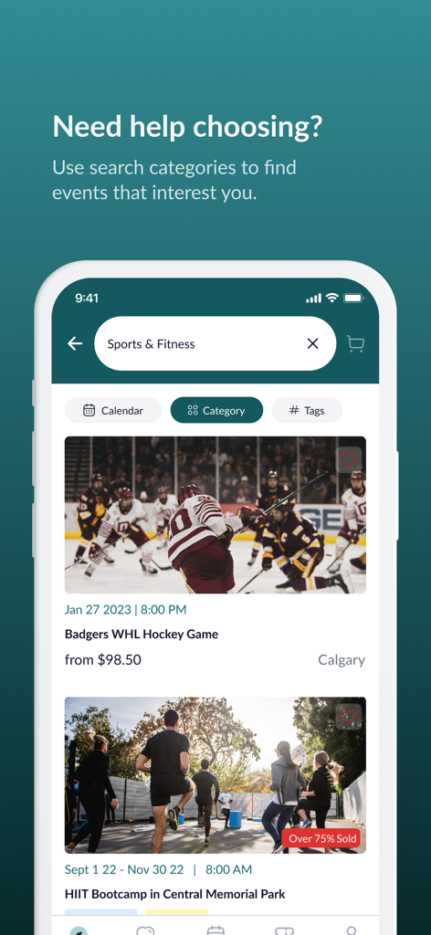 Showpassモバイルアプリに、スポーツやフィットネスカテゴリのイベント検索結果が表示されています