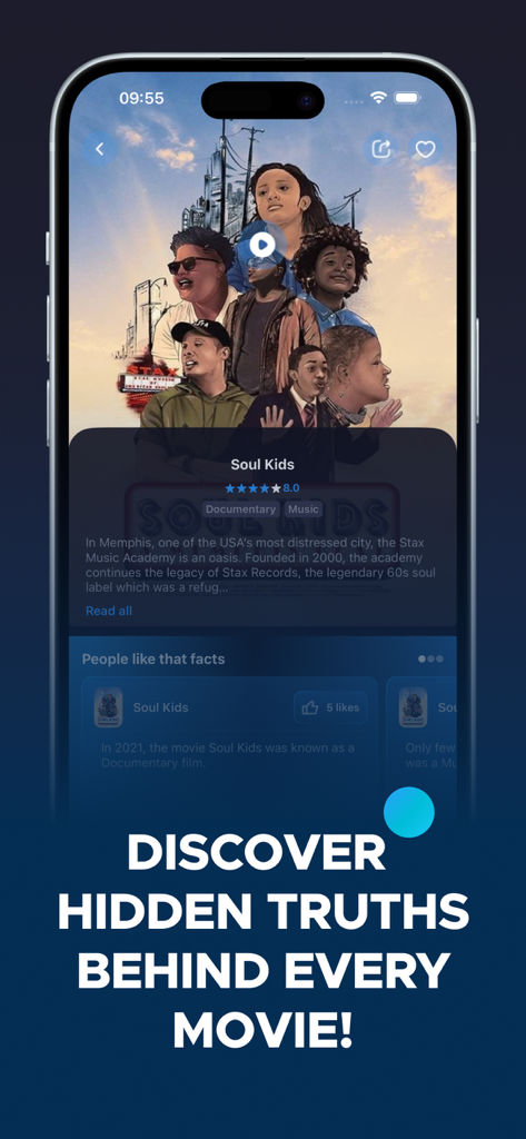 Magis TV & Movie Facts - Uma captura de tela móvel do aplicativo Magis TV e Fatos sobre Filmes mostrando uma página de informações de filmes com curiosidades e o slogan Descubra verdades ocultas por trás de cada filme.