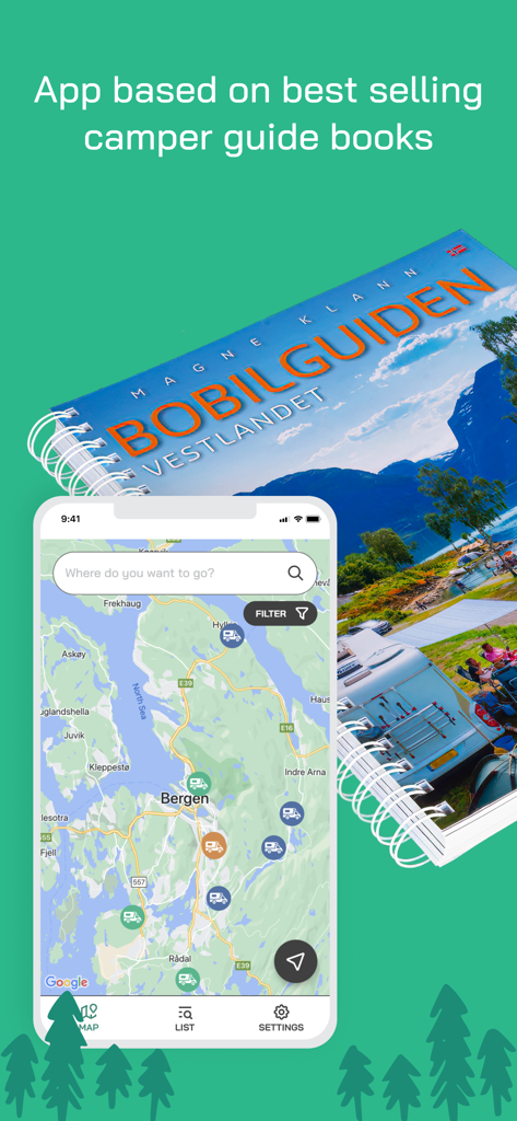 Campersite Norway - iPhone zeigt die Kartenoberfläche von Campersite Norwegen neben dem physischen Bobilguiden-Reiseführer