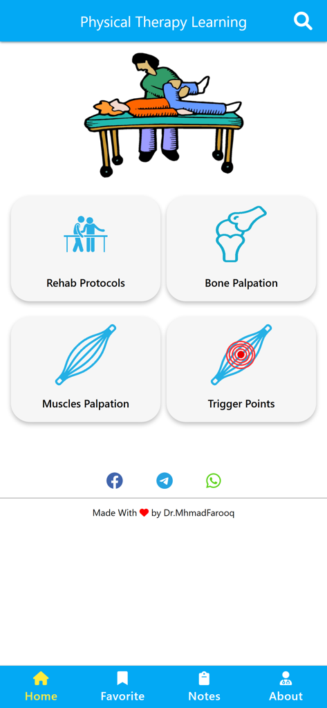 Physiotherapy Learning - Startbildschirm der Physiotherapie-Lern-App mit Menüoptionen für Rehabilitationsprotokolle, Knochenpalpation, Muskelpalpation und Triggerpunkte.