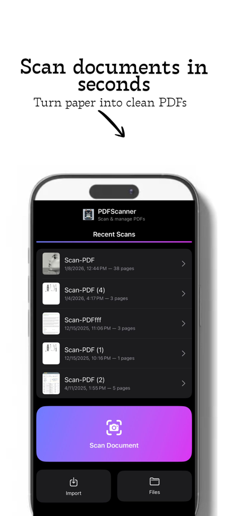 PDF Scanner & OCR - PDF Scanner App-Oberfläche, die eine Liste der letzten Dokumentenscans und eine lila Scan-Schaltfläche anzeigt