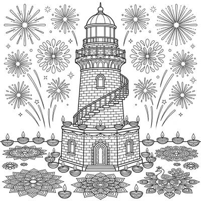 Dive into the festive spirit of Diwali with this unique coloring page featuring a magnificent brick lighthouse. Adorned with traditional diyas, fireworks, and beautiful rangoli patterns, it offers a rich canvas for your artistic expression.