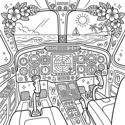 Get ready for a unique coloring experience inside a helicopter cockpit, reimagined for a summer getaway. This intricate design blends detailed flight instruments with a vibrant beach view and tropical accents, perfect for a relaxing creative session.